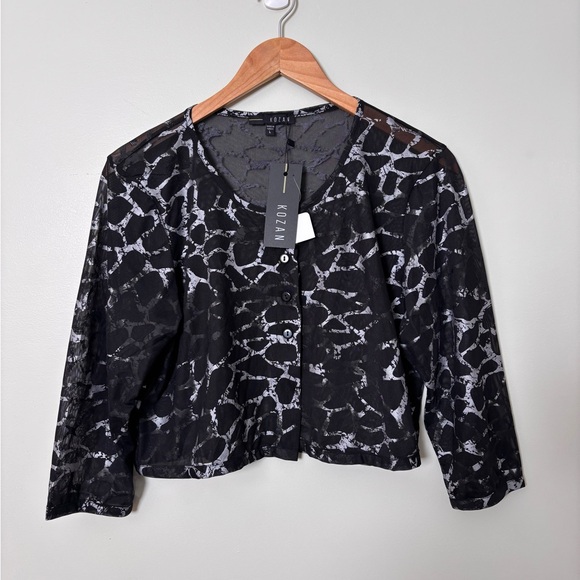 NWT Kozan Black Silver Mesh Sheer Cardigan Crop Top button up - Picture 1 of 4